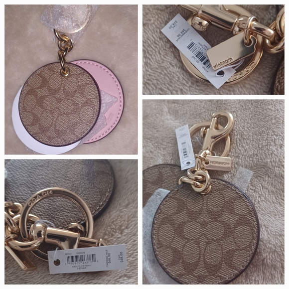 NWT Coach Signature Canvas Gold Khaki Pink Mirror Bag Charm Keychain Fob - Picture 7 of 15
